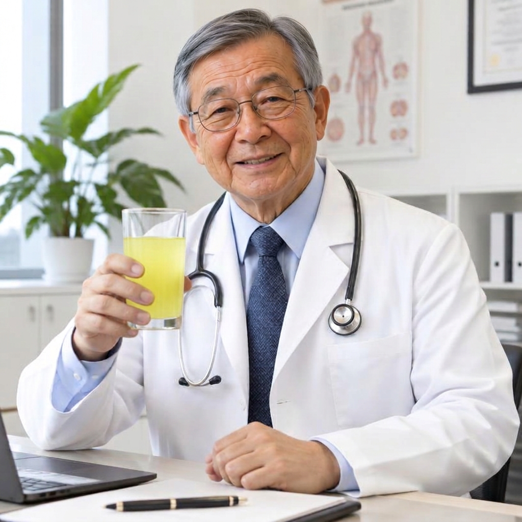 Dr. Samuel sonriendo y sosteniendo una bebida de color amarillo claro